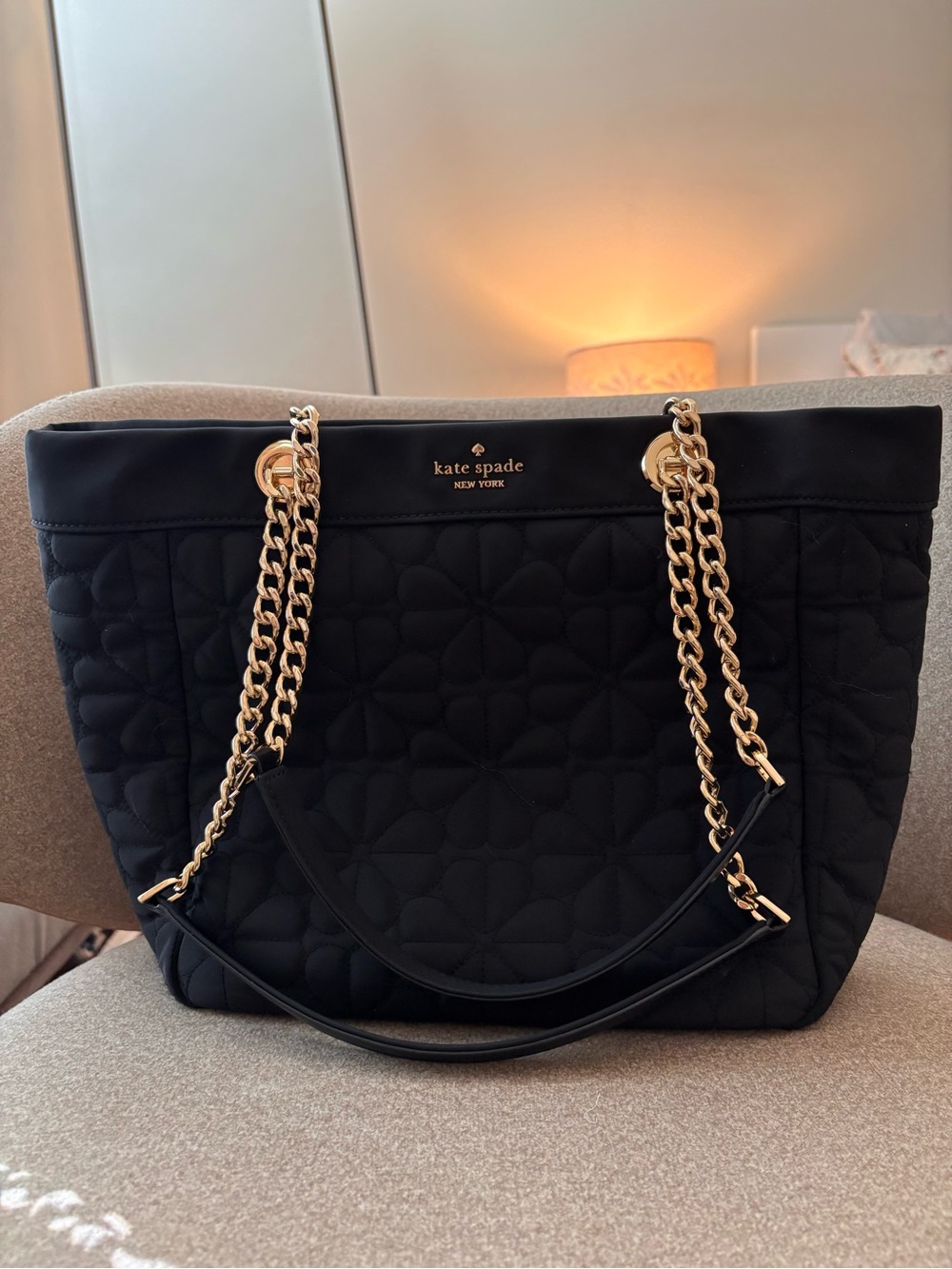 kate spade Black Quilted Tote with Gold Chain Straps